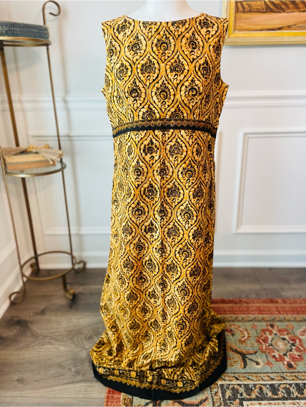 Vintage-Inspired Gold & Black Brocade Maxi Dress